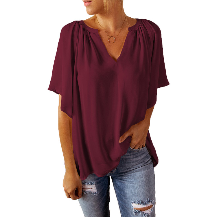 2024 Summer New Loose Quarter Sleeve T-shirt Women's V-neck Pullover Top_voghion.com