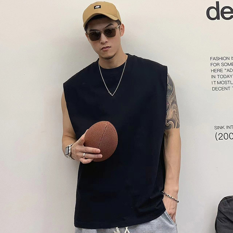 300g de algodón pesado chaleco sin mangas de verano nuevo hombro camiseta deportiva de color sólido para hombres de moda chaqueta suelta