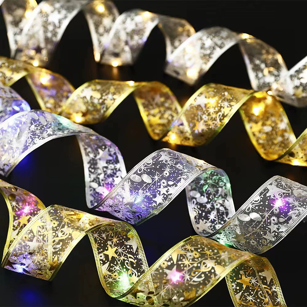 Christmas LED ribbon lights, golden/silver silk, 3.8/5 cm, 1–10 m, battery or remote power options
