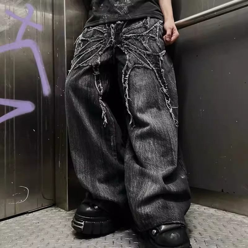 Gothic High-Waist Wide-Leg Trousers For Men Dark Trendy Retro Washed Loose Long Pants For American Street Style_mkmklike.com