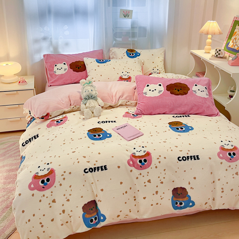 Otoño y invierno leche de seda de dopamina cama de cuatro piezas de seda de coral dormitorio flange sábanas de seda de tres piezas