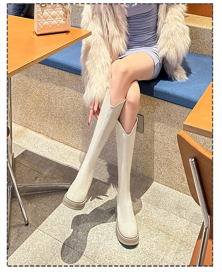 Bottes Slim élastiques pour femmes, avec bouche en V surélevée, fond épais, bottes hautes blanches, nouvelle collection automne/hiver 2024_voghion.com