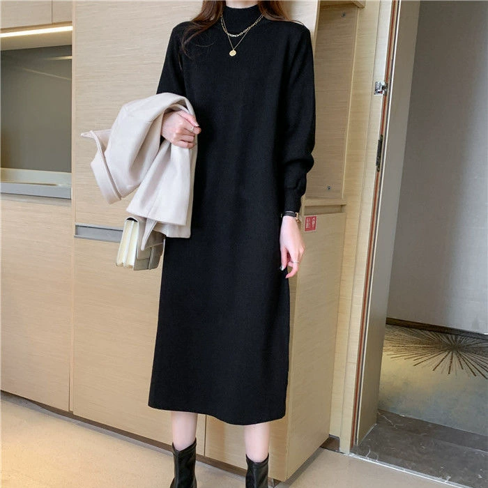 Модное женское трикотажное платье-свитер больших размеров на осень-зиму 2025 года, новое, свободного кроя, с воротником-стойкой, на флисовой подкладке, утепленное