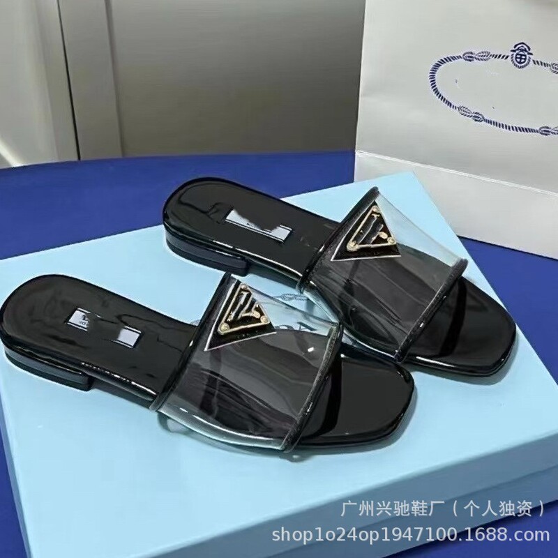 P Brand 2023 Summer Outdoor Transparent Glass-Like Square-Toe Women's Shoes with Flat Low Heels and Breathable Design