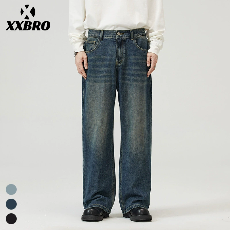 Xxbro мужская одежда # осенние высокие улицы свободные прямые брюки темно-синий ретро стирание старые джинсы мужские и женские широкие брюки