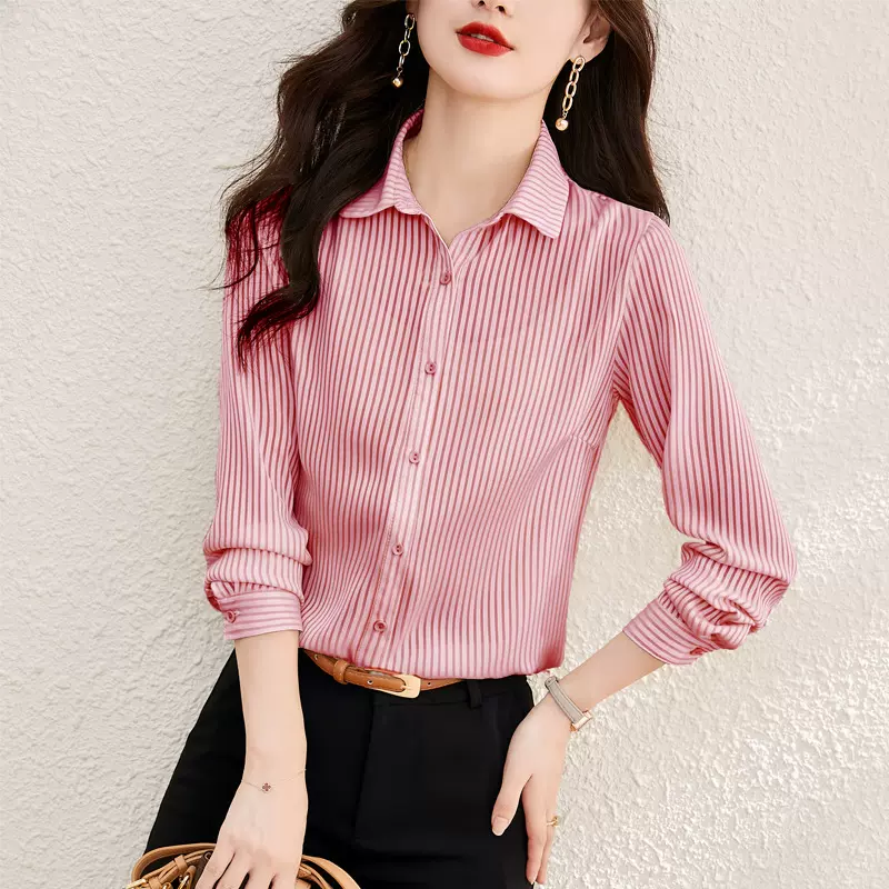 专柜春款女装高品质时尚条纹长袖衬衫经典减龄气质宽松显瘦上衣潮