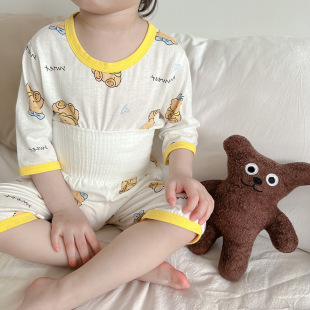 Summer Baby's Bamboo Fiber High Waist Pajamas Children's Short-sleeved Mid-length Pants Home Clothes Thin Belly Protection Anti-cold Air-conditioning Clothes