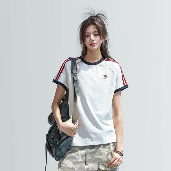 Cross-Border Embroidered Logo Three-Stripe Slim-Fit Short-Sleeve T-Shirt Unisex Summer Fashion Casual Versatile Top