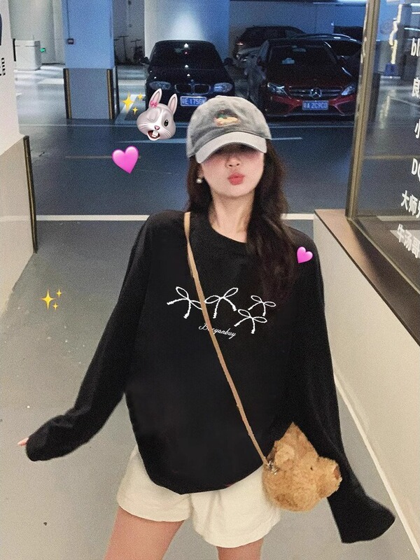 胖mm韩系蝴蝶结大码长袖T恤女2025早春宽松黑色打底衫内搭上衣ins|undefined