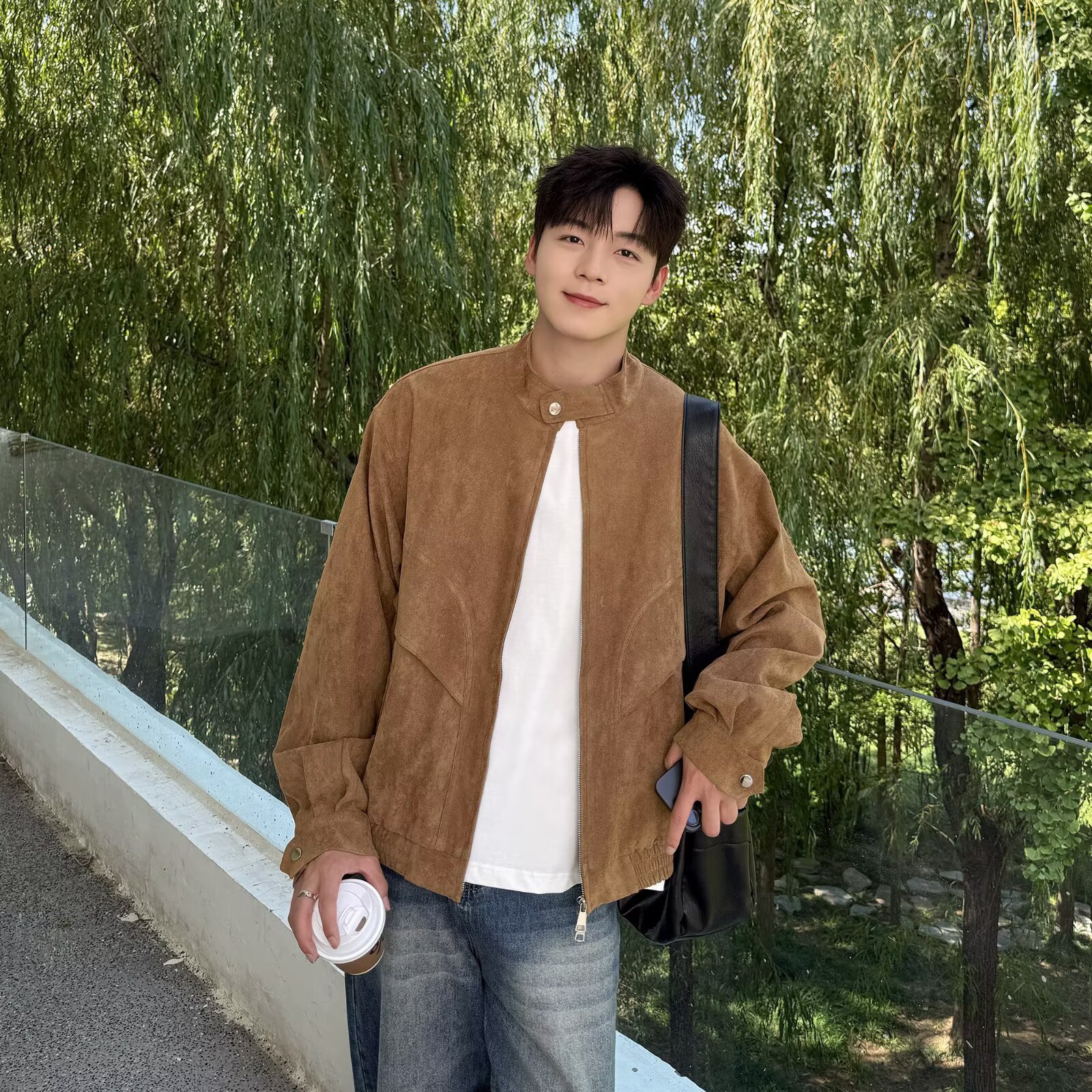 美式复古麂皮绒立领解构夹克男士设计感巴恩风复古哈灵顿休闲外套