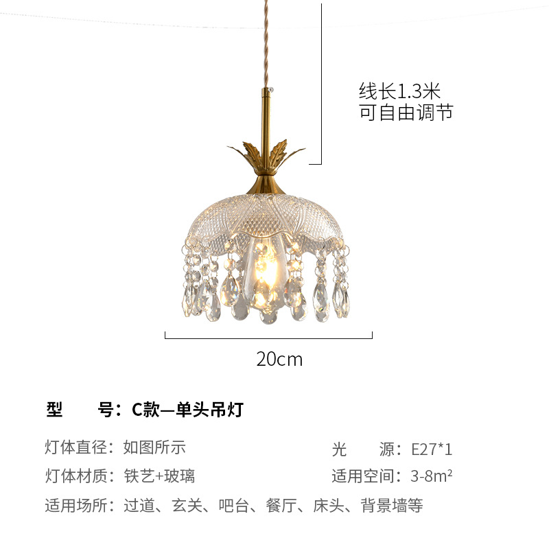 Retro estilo francés latón cristal pequeño candelier dormitorio pastoral cabezal de cama bar comedor pasillo lámpara de entrada