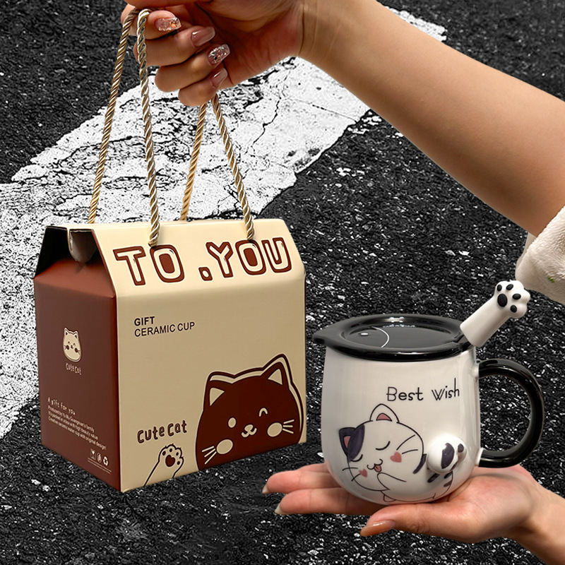 Taza de gato Mark con tapa Cuchara Taza de agua de cerámica Taza de pareja de dibujos animados de cerámica para hombres y mujeres Taza de desayuno de café de oficina
