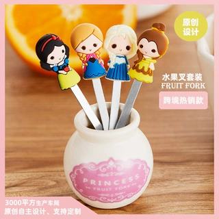 定制ins公主便携陶瓷筒硅胶二齿叉子 独立包装不锈钢甜品签水果叉