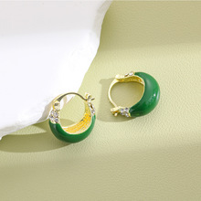 韩版U形绿色滴油耳扣抖音同款时尚文艺感小清新微镶锆石耳环