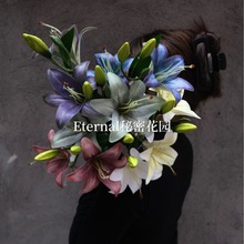 仿真花双头3D百合单支油画百合花苞胶片蓝紫薄荷绿婚庆跨境批发