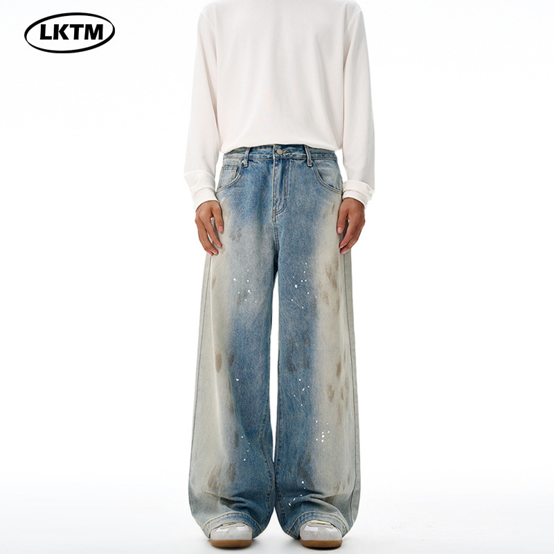 Lktm Men's American Trendy Brand Handmade Splashed Ink Dirty Jeans for Men and Women Versatile Baggy Wide-Leg Straight Pants