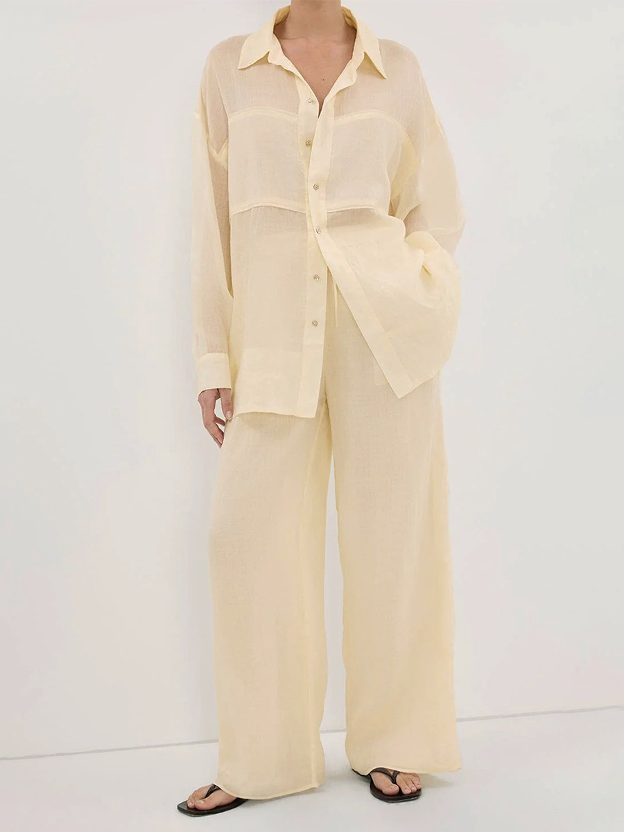 Women's Long Sleeved Shirt And Trouser Set Elegant Vacation Style_voghion.com
