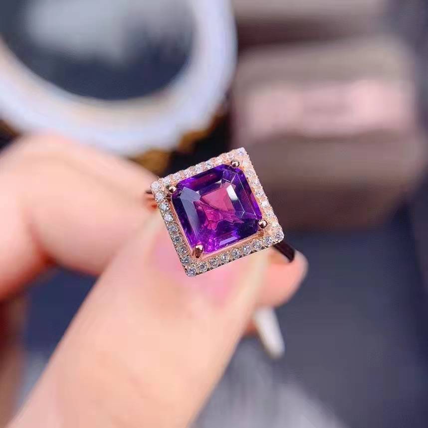 New Mysterious Amethyst Ring Female Square Diamond Open Copper Ring