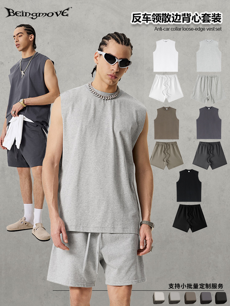 2025 verano marca de moda estadounidense industria pesada cuello anti-coche lado suelto chaleco de chaleco suelto pantalones cortos deportivos sueltos traje hombre