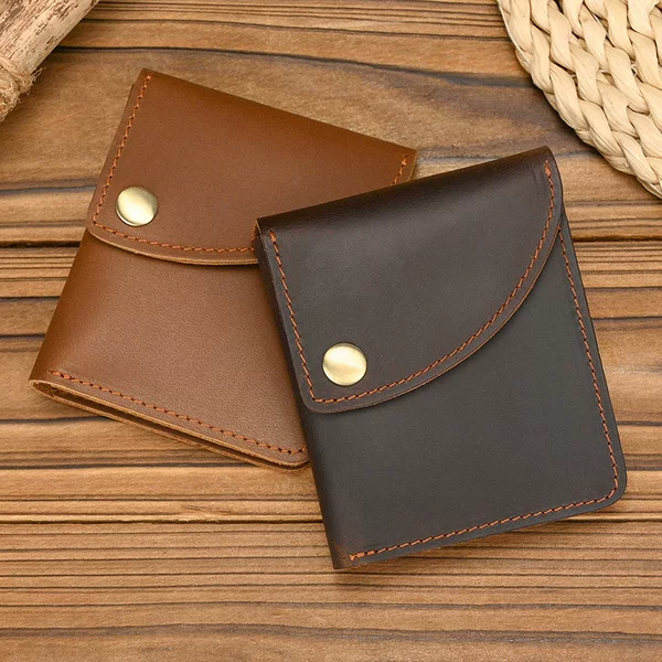 Men's Minimalist Crazy Horse Leather 80% off Wallet with Snap Button, Vintage Genuine Leather Pocket Wallet, Full Cowhide, Cross-Border Hot-Selling Card Holder