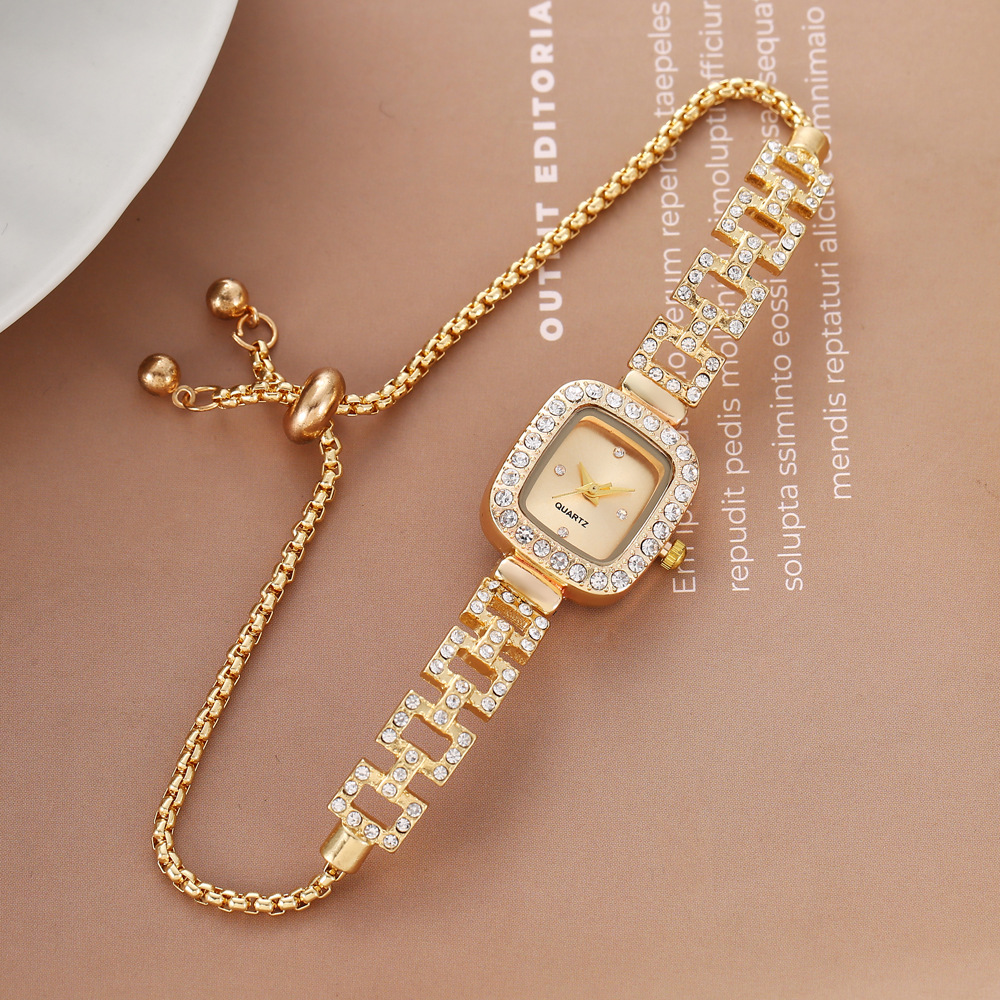 New Diamond-Encrusted Pull-Out Bracelet Watch, Freely Adjustable Niche Gold Quartz Watch, Cross-Border Square Watch, Women's Watch