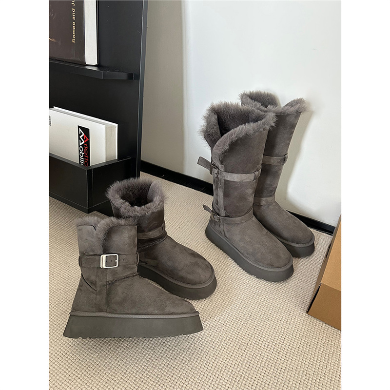 工場直販在庫あり グレーのスノーブーツ レディース 2025年冬新作 厚底 裏起毛 厚手 ロング丈 スノーコットンシューズ