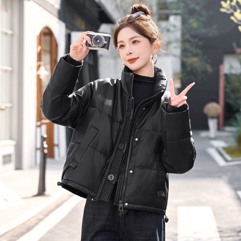 Casual Style Leather Jacket down Jacket 2025 Winter New Women's Korean Style Knitted Splicing White Duck down Pu Leather Jacket