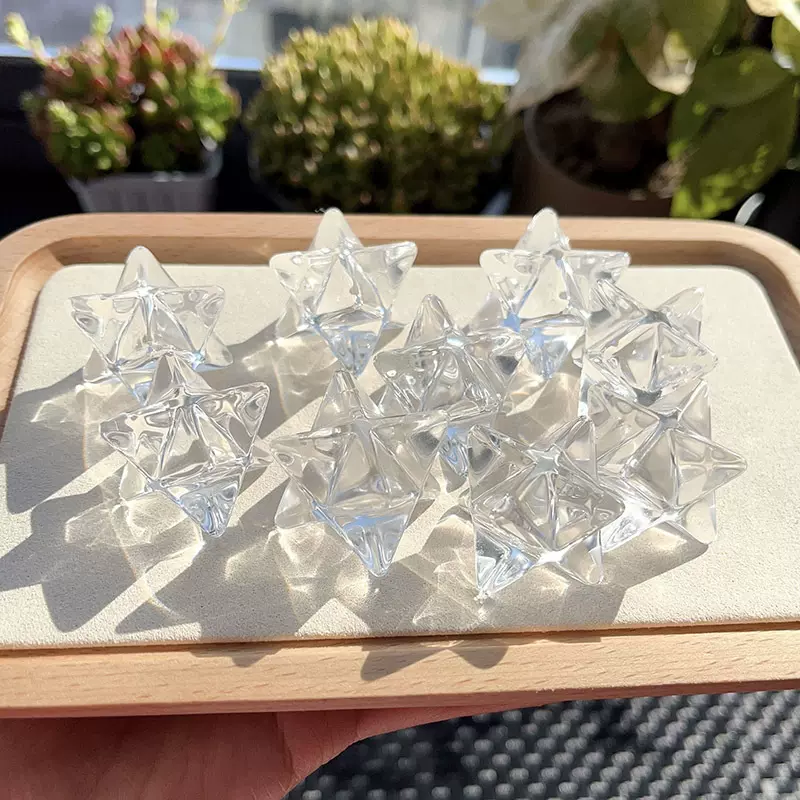 天然白水晶梅尔卡巴星白水晶原石打磨立体六芒星生命之花灵修摆件