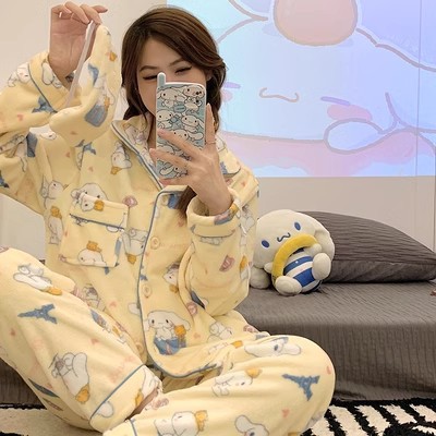 Pequeño conejito pijama de lana de coral para mujer traje de cárdigan de felpa de invierno estilo coreano dulce franela de dibujos animados ropa de hogar otoño