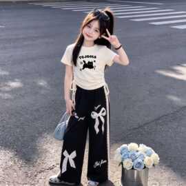 2026夏季新款甜美可爱猫咪短袖T恤卡通蝴蝶结蕾丝边直筒裤两件套