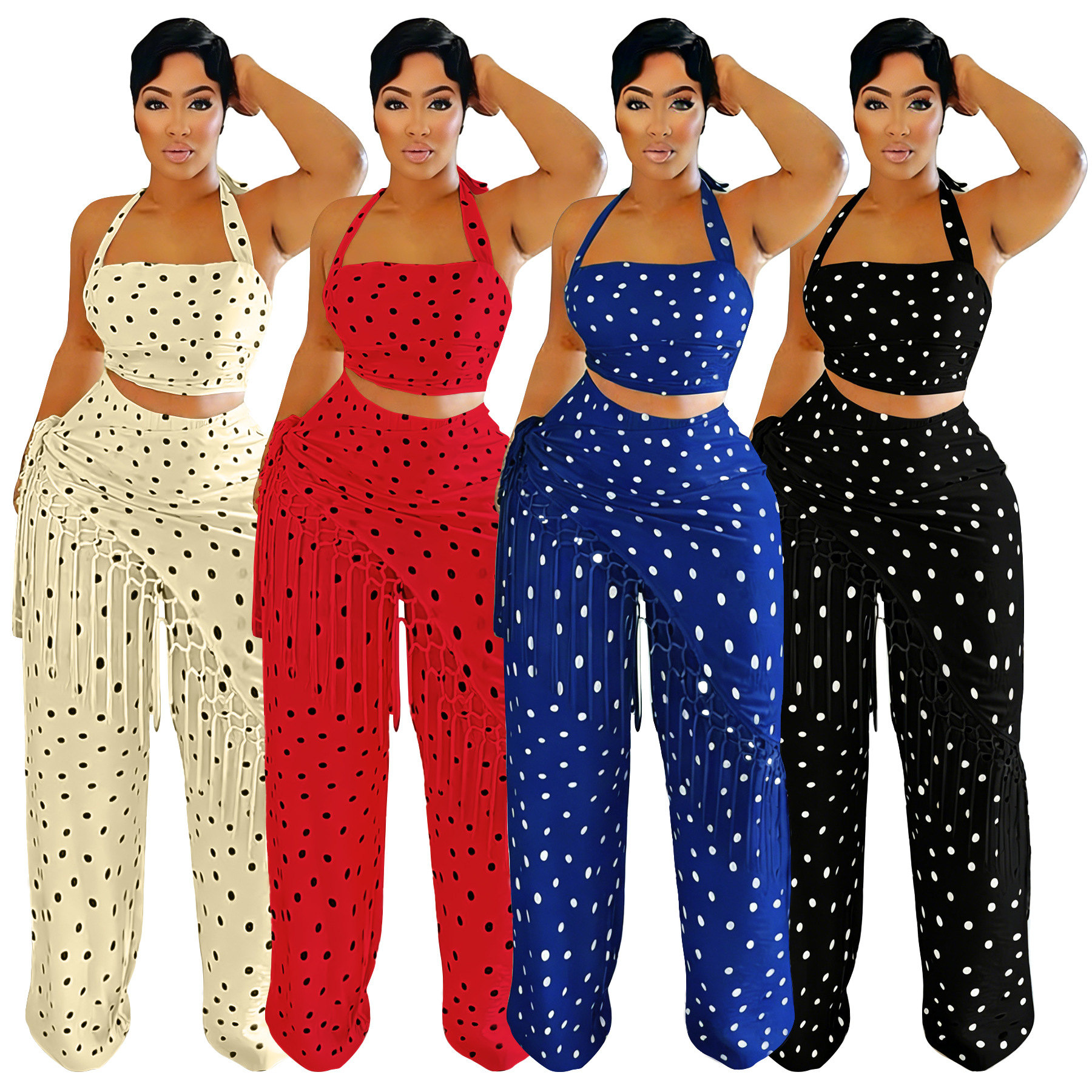 11014 New Polka-Dot Print Halter Backless Bandeau & Tassel Trousers Set