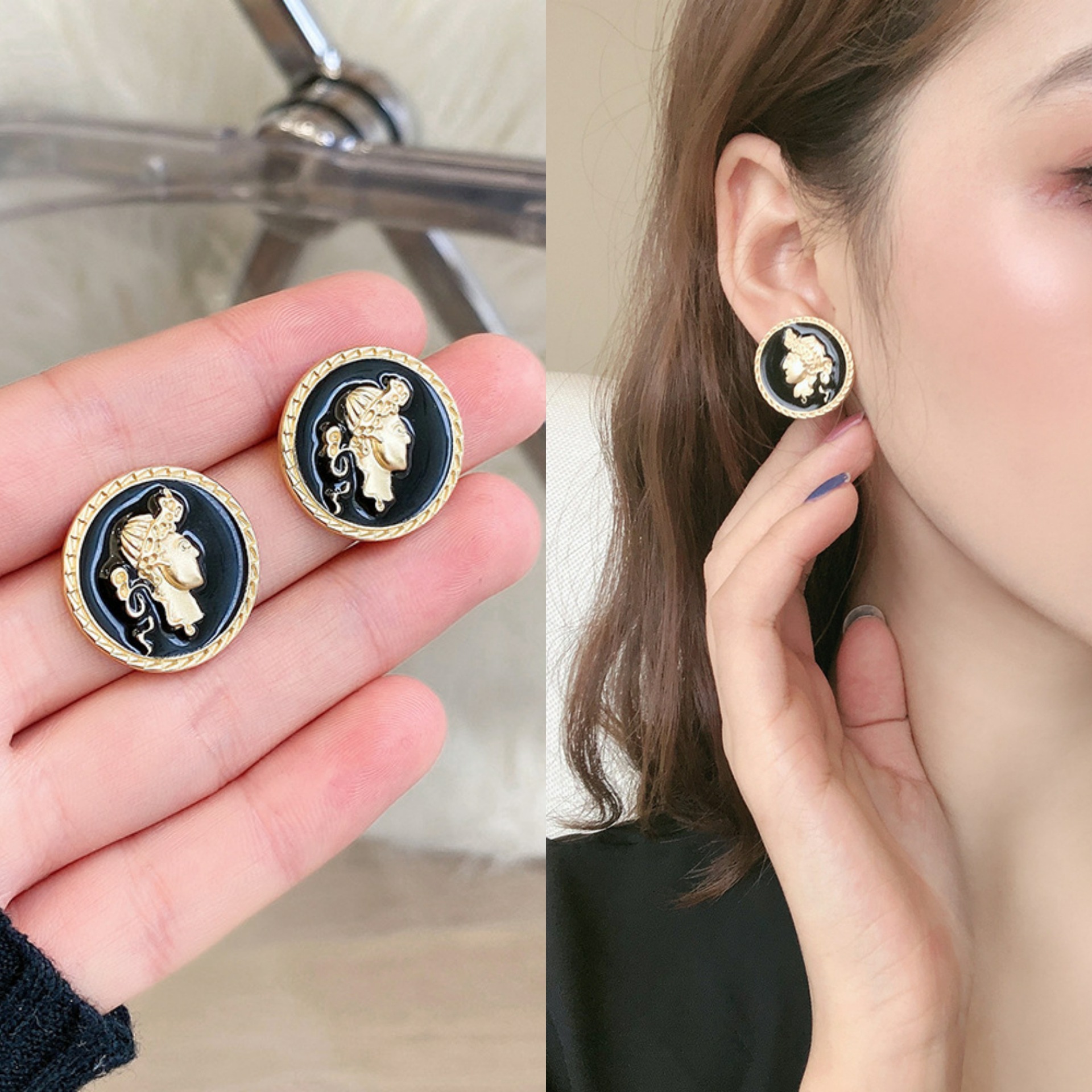 2022年新款宫廷风人像耳钉ins轻奢高端浮雕耳环经典复古圆圈耳饰