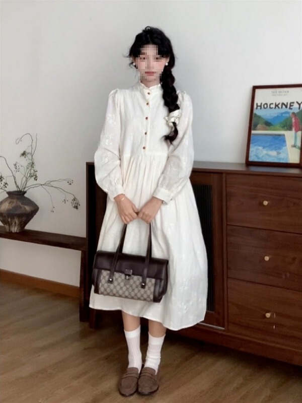 [Original Cotton Fabric, the Entire Lining Is Impermeable] Long-Sleeved Embroidered Jacquard Tea Break French Dress