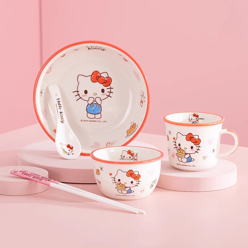 Sanrio Hello Kitty Ceramic Tableware for Girls, High-Looking Household Dishes Set, Kidsren's Cute Bowls, Chopsticks and Plates Sanrio Hello Kitty Ceramic Tableware for Girls, High-Looking Household Dishes Set, Kidsren's Cute Bowls, Chopsticks and Plates