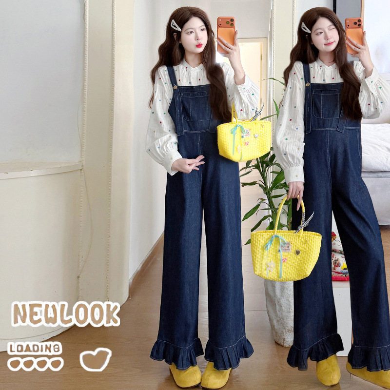 2026 Autumn New Trendy Maternity Outfit: Playful and Youthful Denim Overalls with Embroidered Polka Dot Shirt for Pregnant Women