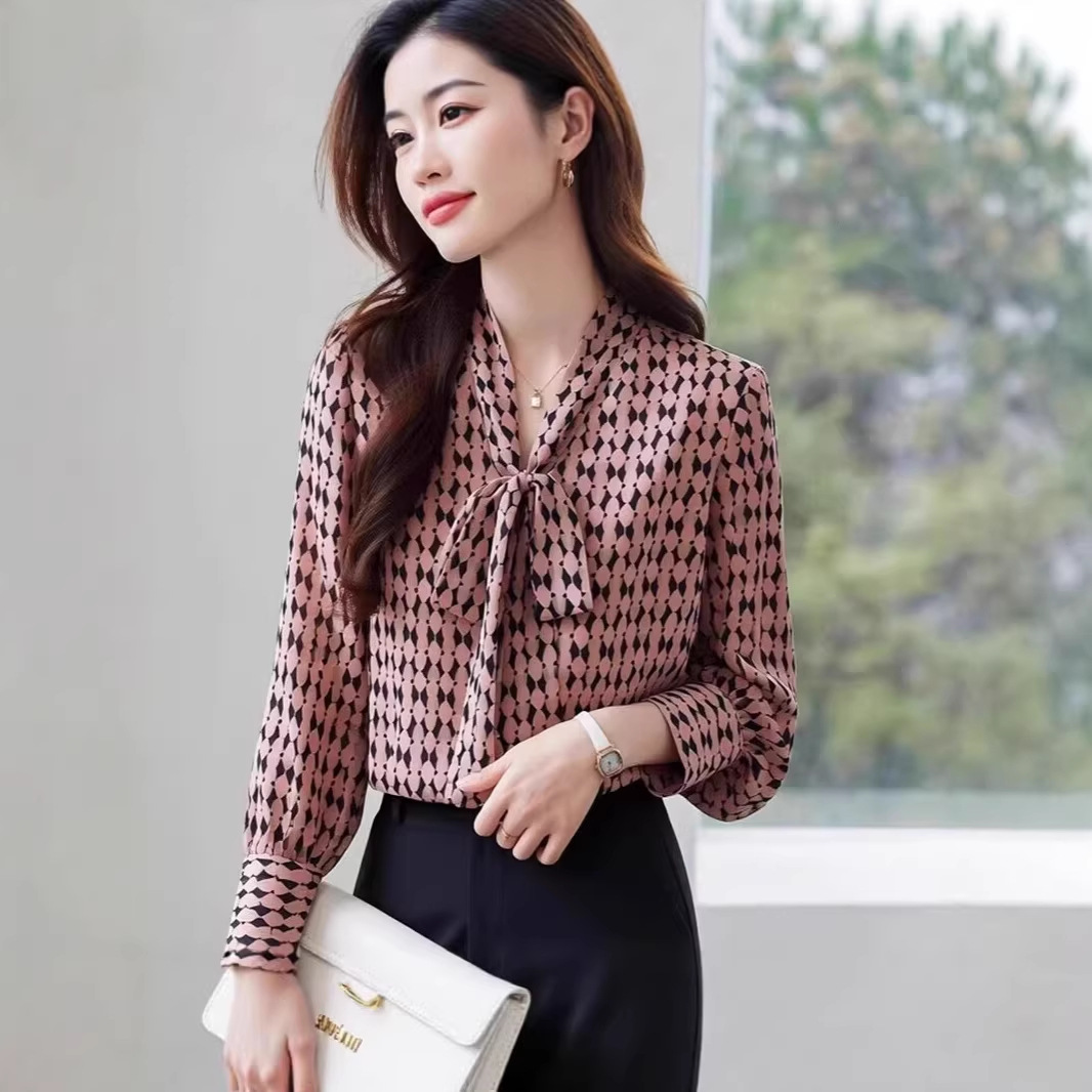 Áo sơ mi nữ dài tay phong cách thông thường, thiết kế dây buộc giảm tuổi — màu hồng chi tiết 4