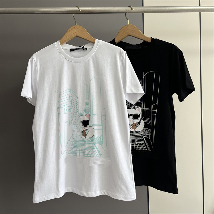7385美系K尔~女装新品圆领简约直筒莼棉城市猫咪印花短袖T恤