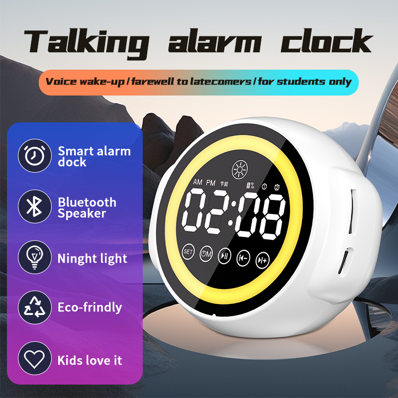Spezieller Wecker mit Bluetooth, hoher Lautstärke, Multifunktion, Nachtlicht, wiederaufladbarem kleinem Lautsprecher für Studentenwohnheime_voghion.com