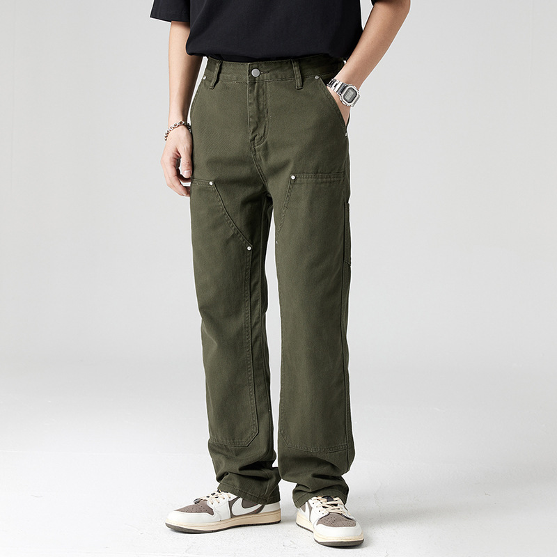 Casual Pants High Street Rivet Logging Overalls Men's Trendy Brand American Style Loose Straight Casual Street Ripple Handsome Wide Leg Pants