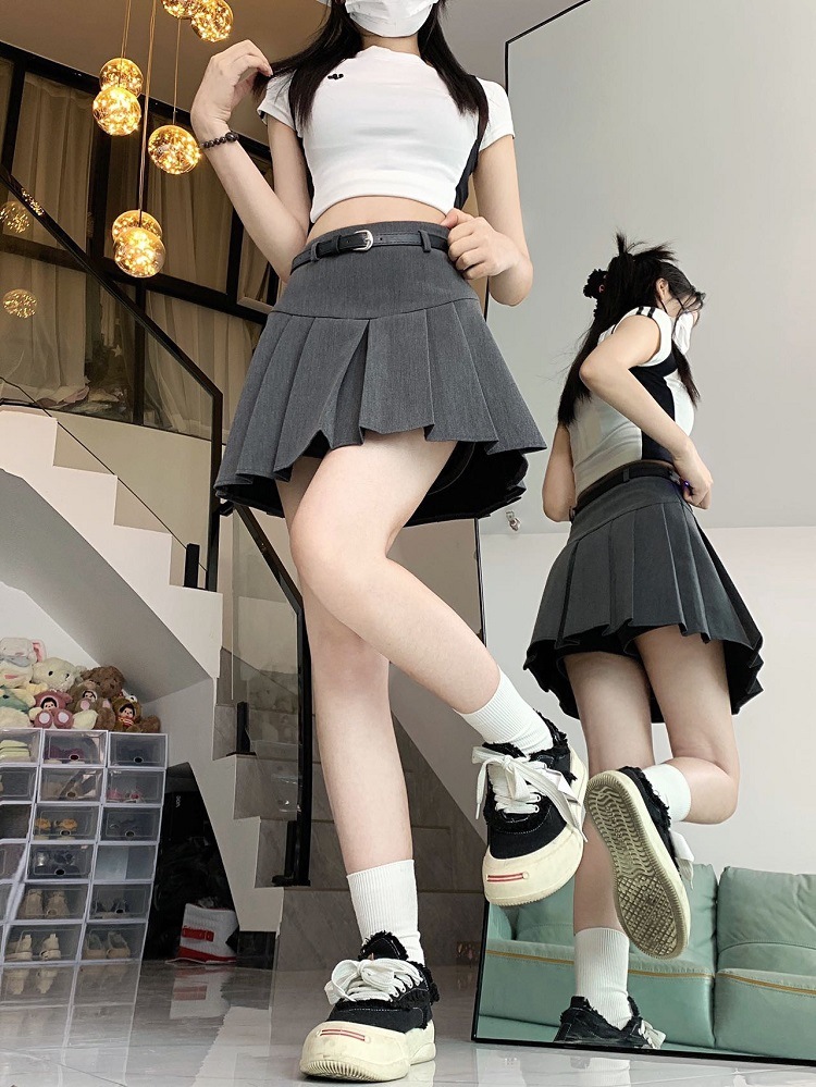 Women's Clothing Gray pleated skirt short skirt small high waist slimming skirt_voghion.com