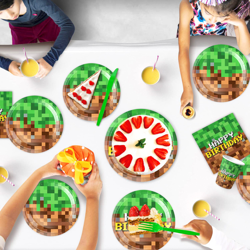 Amazon 新しい Minecraft ピクセルテーマ誕生日パーティー食器使い捨てテーブルクロスティッシュペーパー皿装飾|undefined