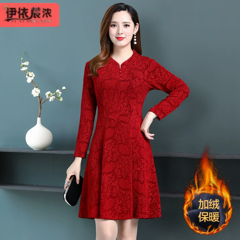 Маленькое материнское платье на флисовой подкладке, юбка средней длины, 2023 осенне-зимняя новая юбка для похудения для женщин среднего и пожилого возраста