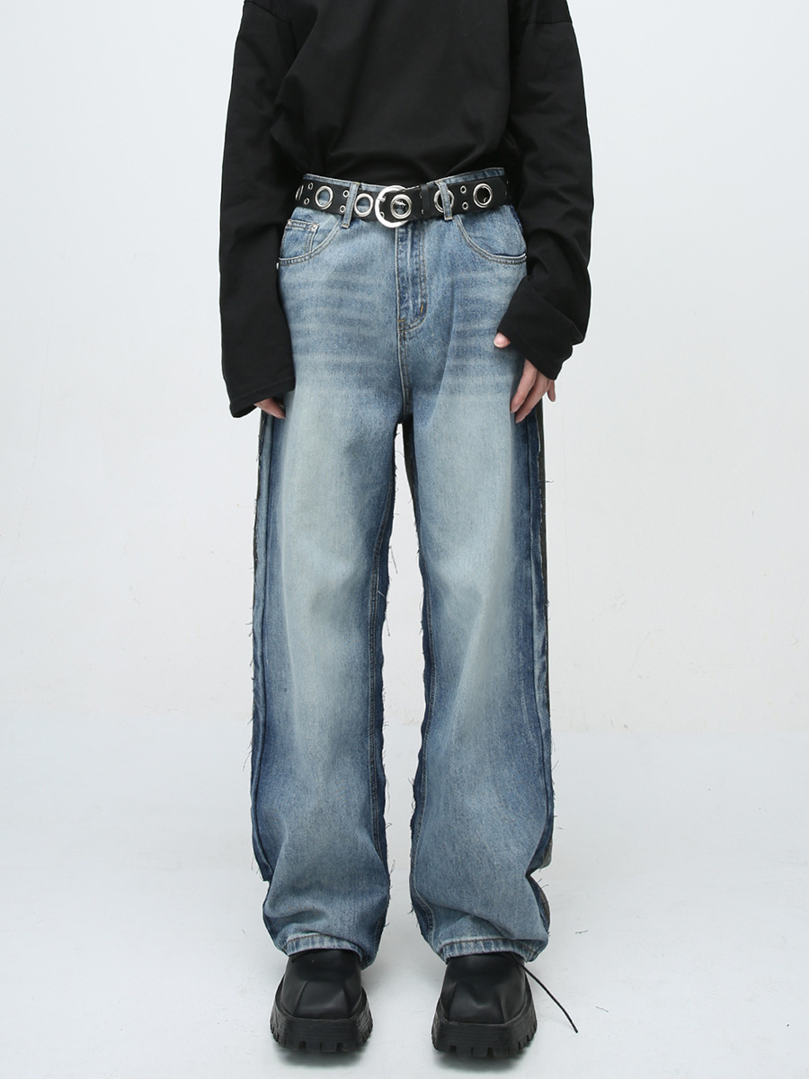 Mtlclothes ropa de Hombre | 2023 cuatro estaciones nuevo retro flojo recto azul y gris costura casual jeans