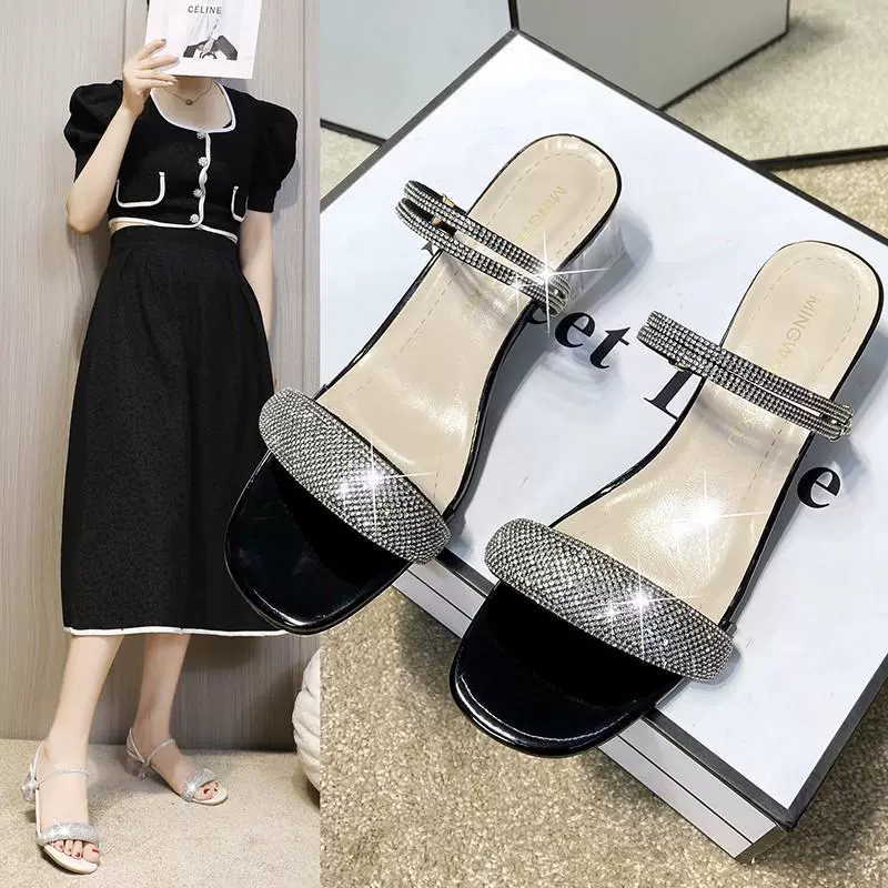 Модные летние новые стильные женские сандалии на толстом каблуке со стразами и одним ремешком, универсальные женские тапочки