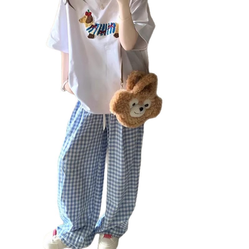 Azul y blanco dopamina cintura alta lindos pantalones a cuadrillas de verano colgante pantalones de piernas anchas pantalones casuales delgados pantalones de mujer