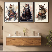 3件日本武士猫壁画复古帆布画动物猫图片客厅墙壁装饰画画芯海报