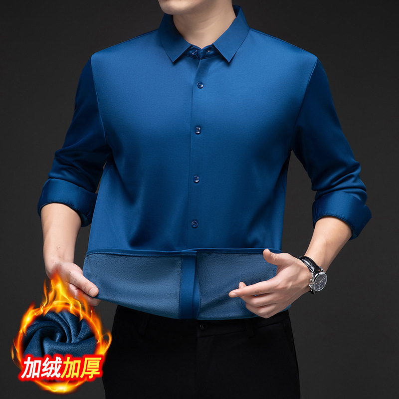 Cross-border high-end men's long-sleeved, popular business-style, fleece-lined, and thickened shirt, a warm inner layer, wholesale