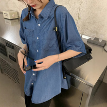 天丝牛仔衬衫女短袖夏季薄款新款上衣宽松显瘦休闲蓝色衬衣跨境潮