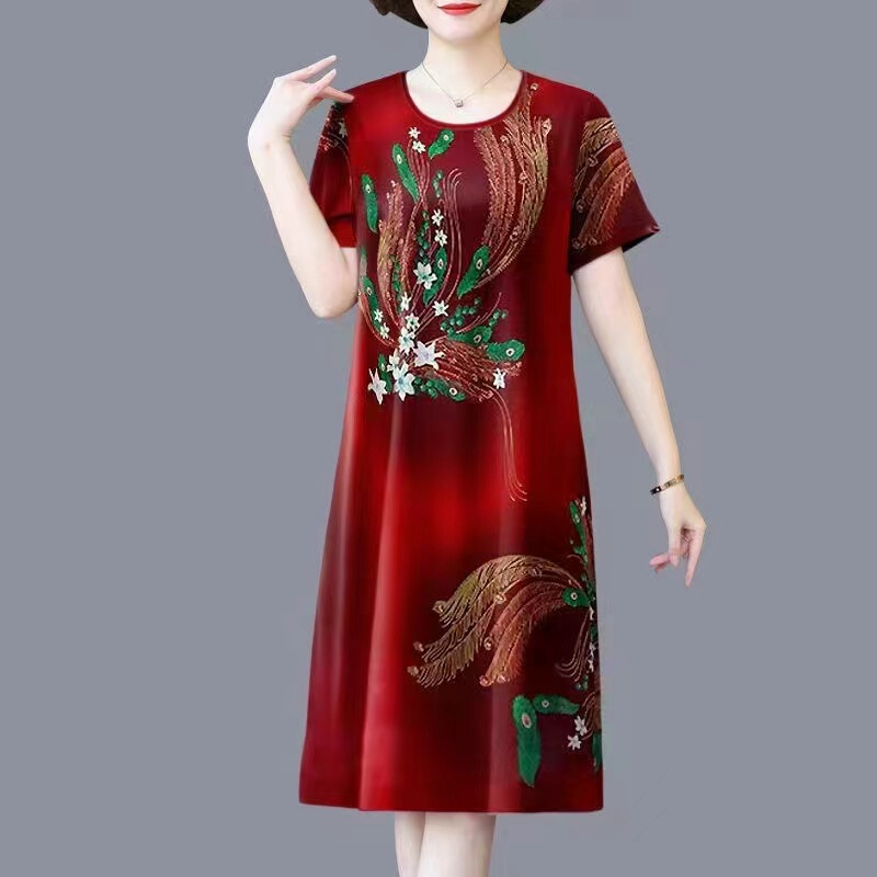 Middle-Aged and Elderly Mothers' Printed Dress 2025 Summer New Large Size Loose Short-Sleeved Belly-Covering High-End Mid-Length Skirt