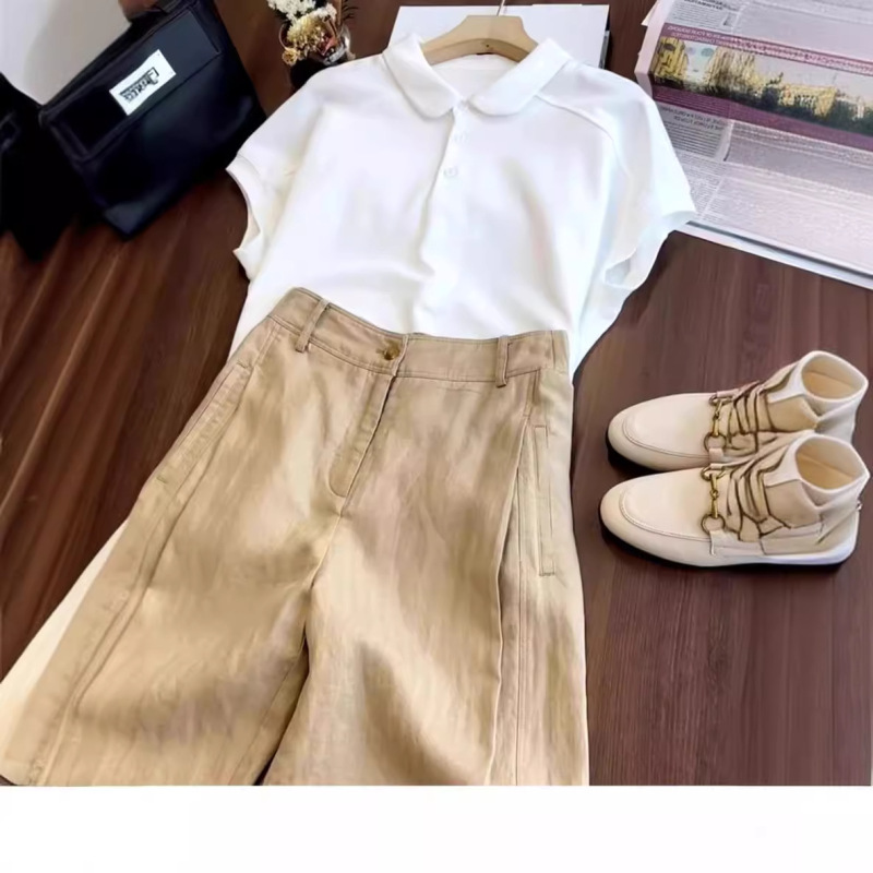 夏服と洋気減齢polo襟半袖シャツのカーキ色亜麻カジュアルパンツセット|undefined
